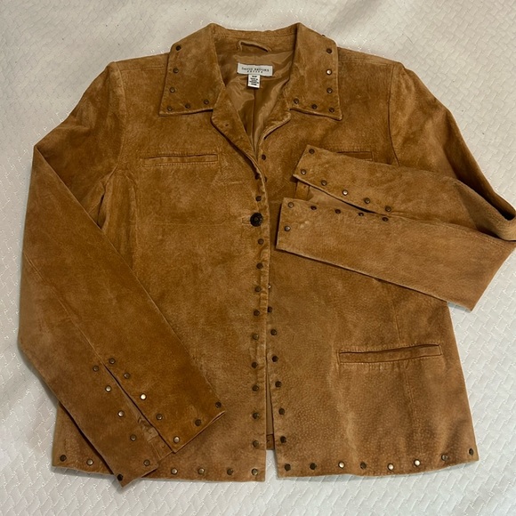 Women's 10 Petite David Brooks Lightweight Tan suede Jacket w/studs - Picture 1 of 5